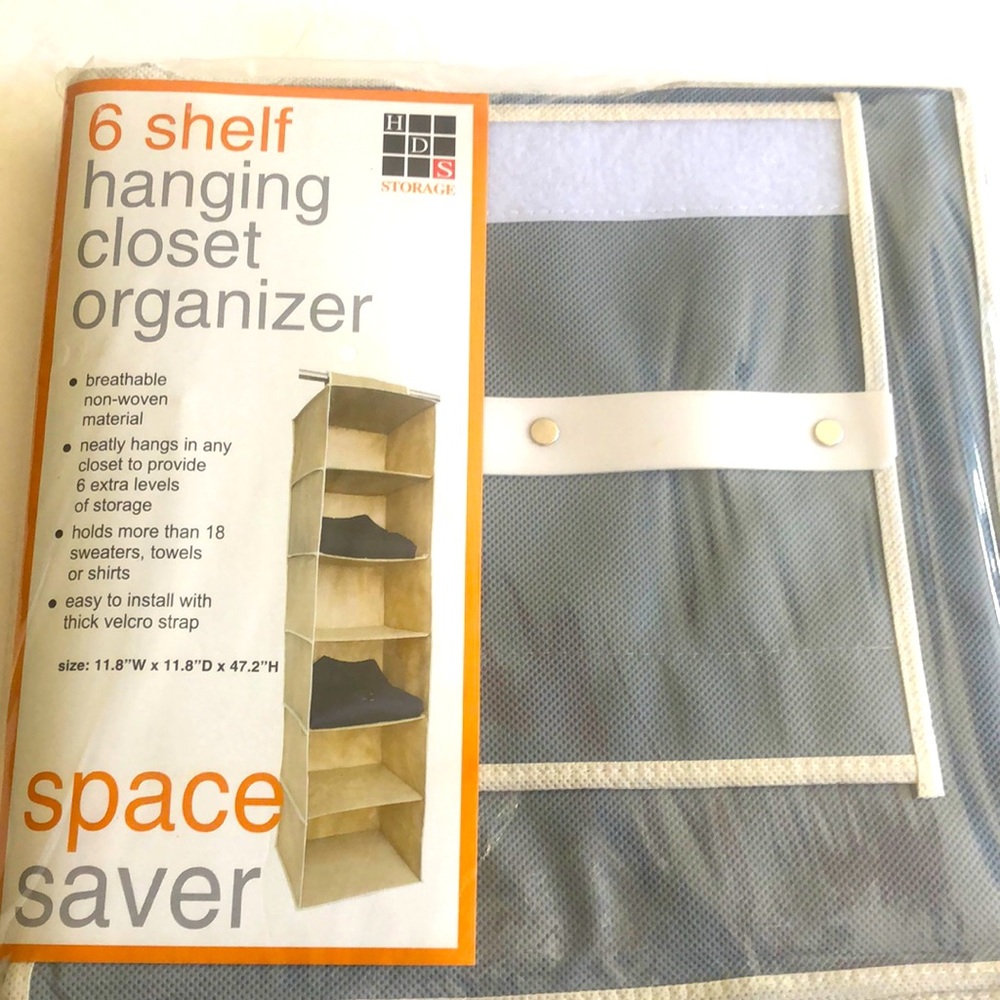 6 shelf hanging closet organizer, size 11.8”W x 11.8”D x 47.2”H